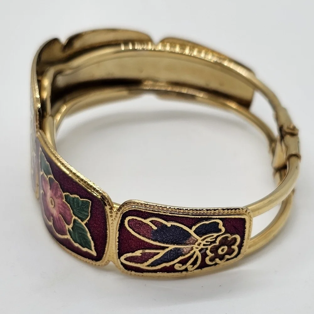 Vintage Cloisonne Enamel Butterfly & Floral Clamper Cuff Bracelet